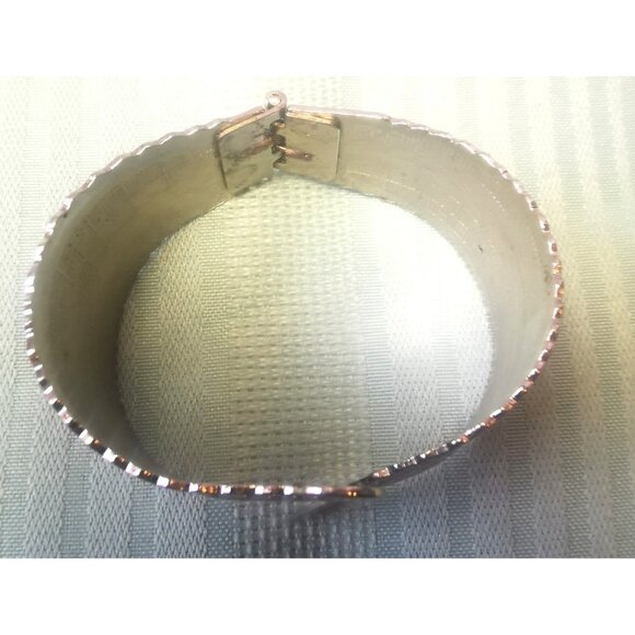 Leaf Feather Design Vintage Silver Tone Hinged Cuff Bracelet  7.5 Boho Statement - Picture 4 of 11